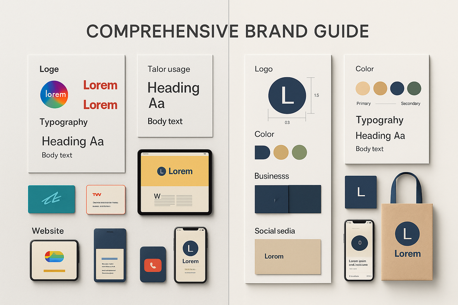 Split-screen showing inconsistent brand elements versus beautifully unified brand with consistent color palette, typography and logo usage across materials
