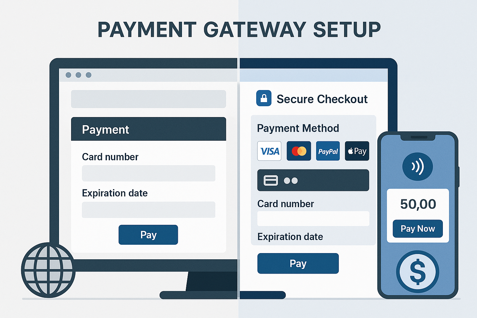 Split-screen showing limited payment setup versus optimized configuration with multiple payment methods, secure checkout and professional experience