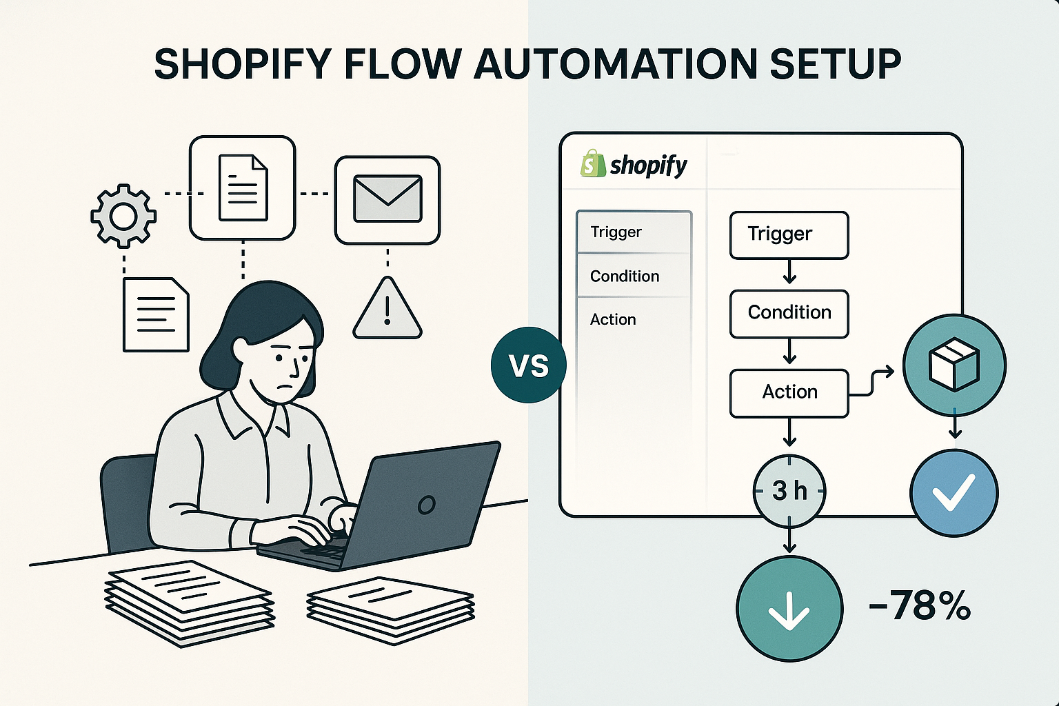 Split-screen showing manual business processes with repetitive tasks versus streamlined Shopify Flow automation with automated workflows and error-free operations