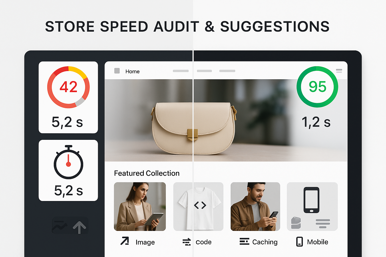 Split-screen showing slow store with poor performance gauges versus optimized store with excellent speed metrics and visual indicators of improvement