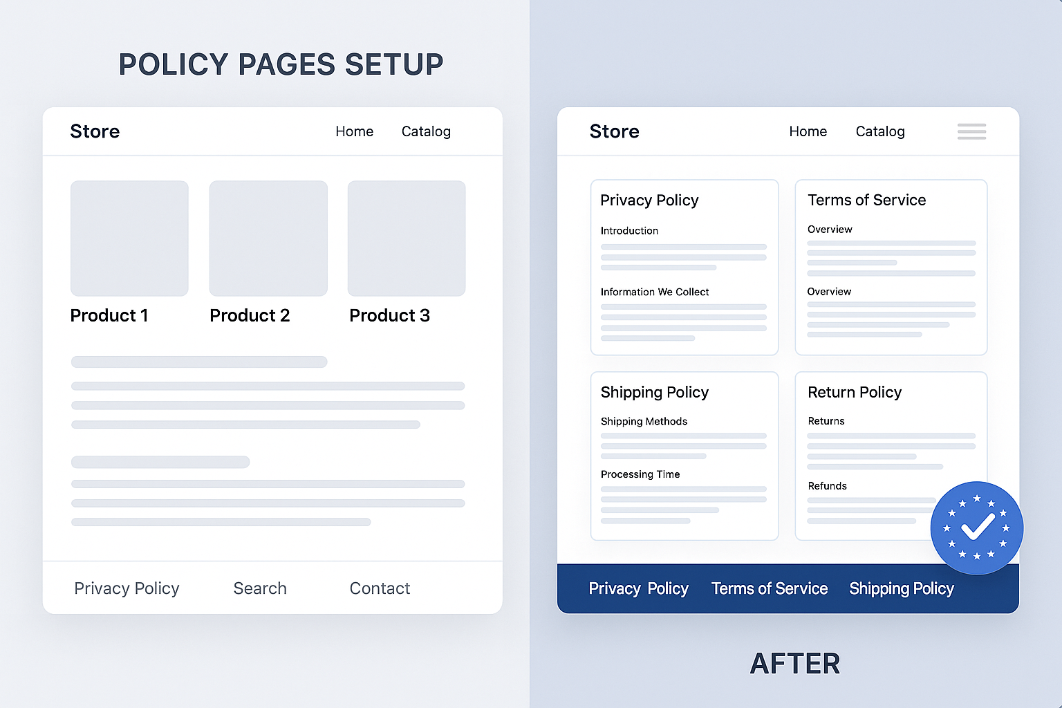 Split-screen showing store with missing policies versus same store with comprehensive professional policy pages and proper footer integration