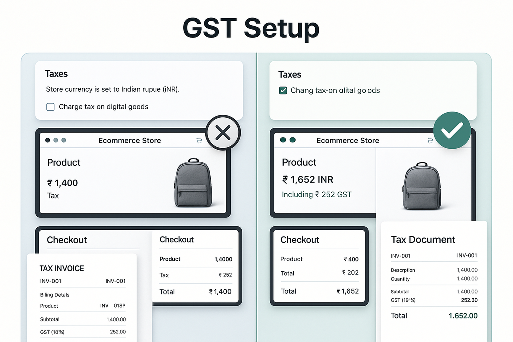 Split-screen showing store with tax compliance issues versus store with properly implemented GST system, compliant receipts and tax reporting