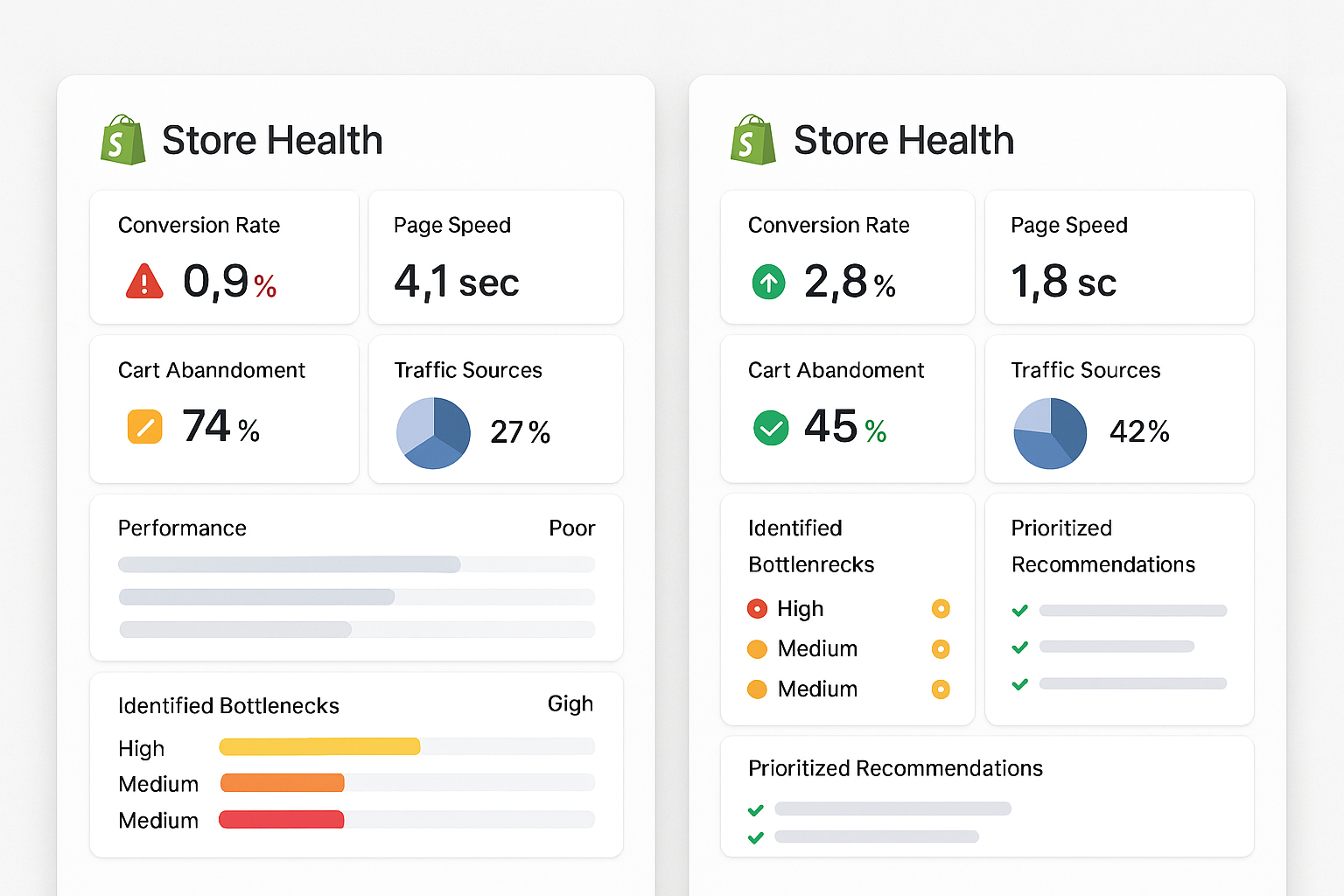 Split-screen showing store with unidentified issues versus comprehensive performance analysis with improvement opportunities and optimized metrics
