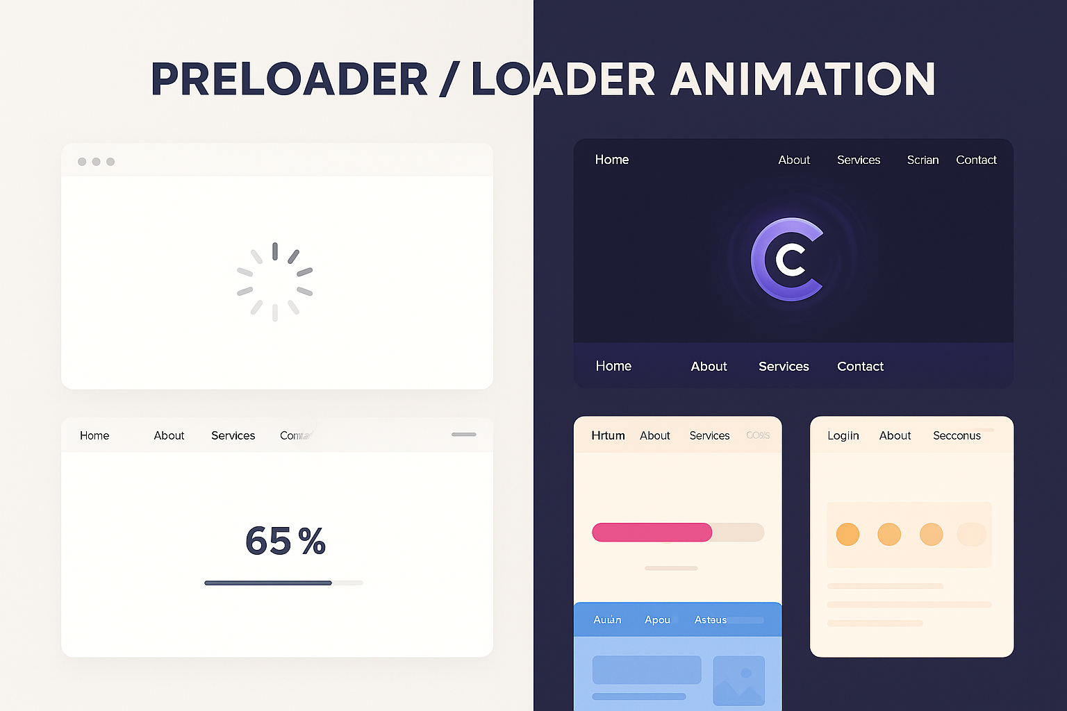 Split-screen showing transformation from basic spinner to stylish branded loader animations with motion effects and skeleton screens
