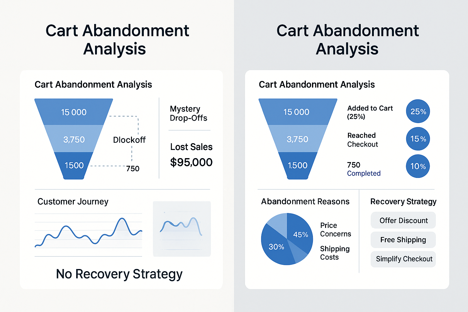 Split-screen showing unexplained cart abandonment versus comprehensive analytics with detailed drop-off points, behavior patterns and identified friction causes