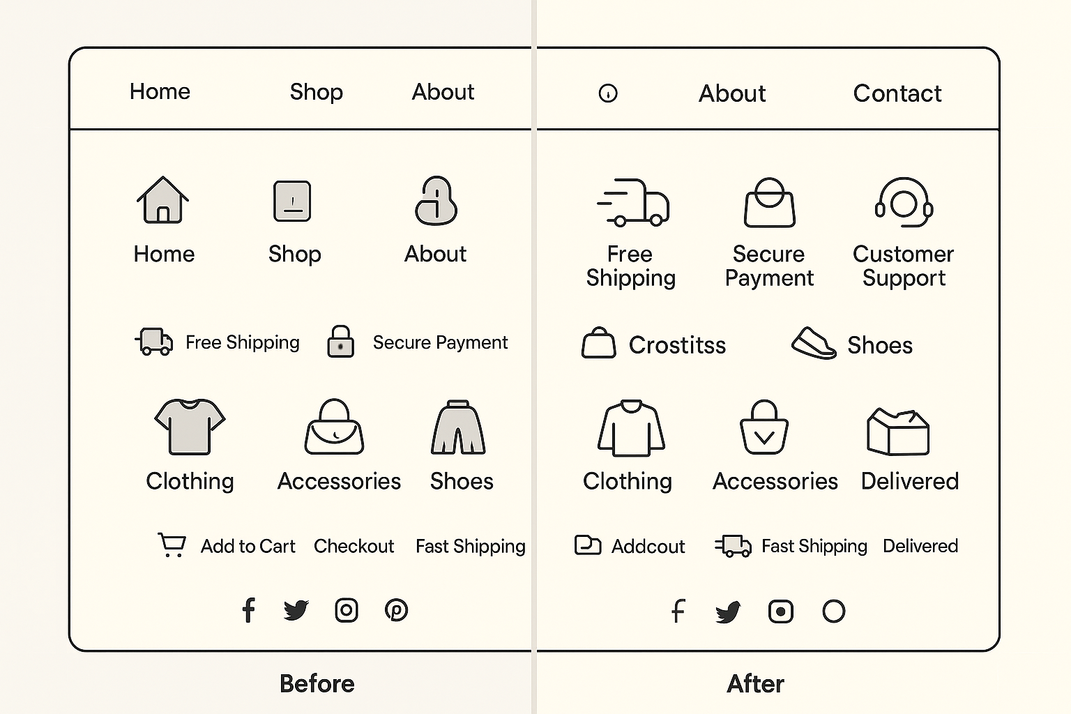 Split-screen showing website with generic mismatched icons versus same site with beautiful cohesive custom icons across navigation, features and categories