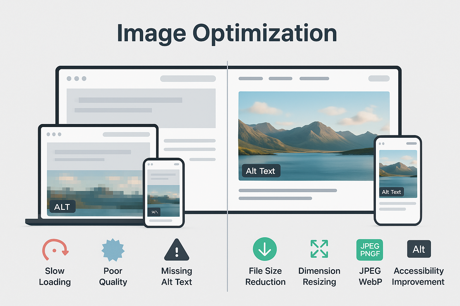 Split-screen showing website with unoptimized slow-loading images versus same site with perfectly optimized images, faster loading and alt text implementation