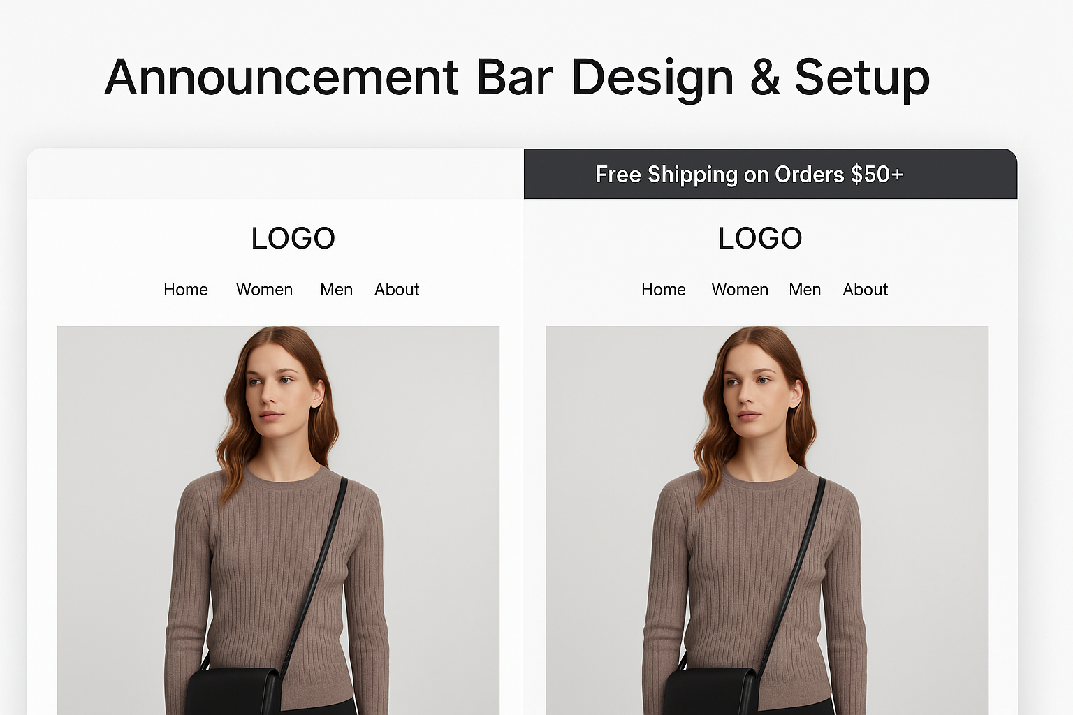 Split-screen showing website without announcement bar versus same site with eye-catching promotional bar featuring free shipping offer and call-to-action