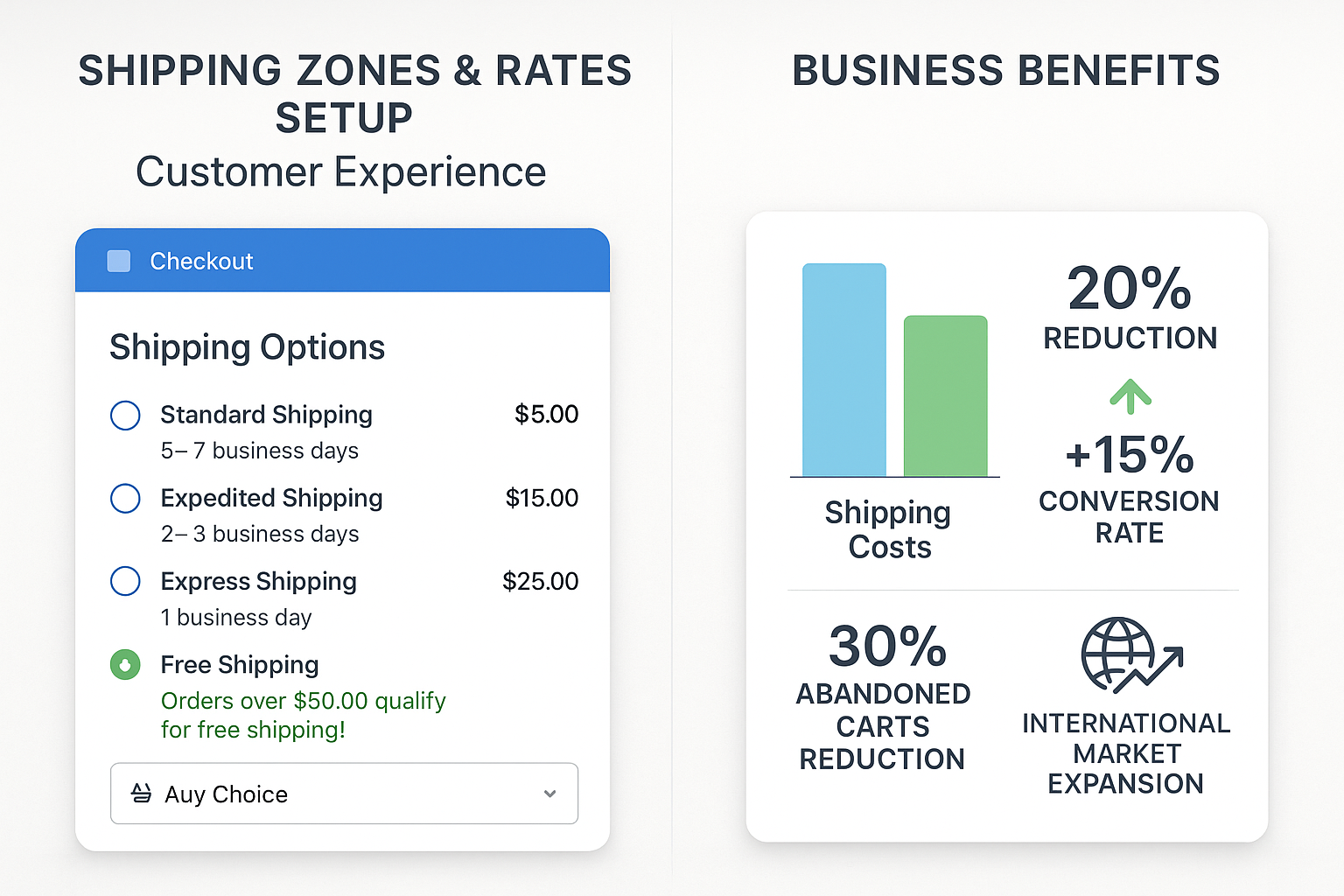 Split view showing checkout with multiple shipping options alongside business benefits charts for cost reduction, conversion improvement and cart abandonment decrease