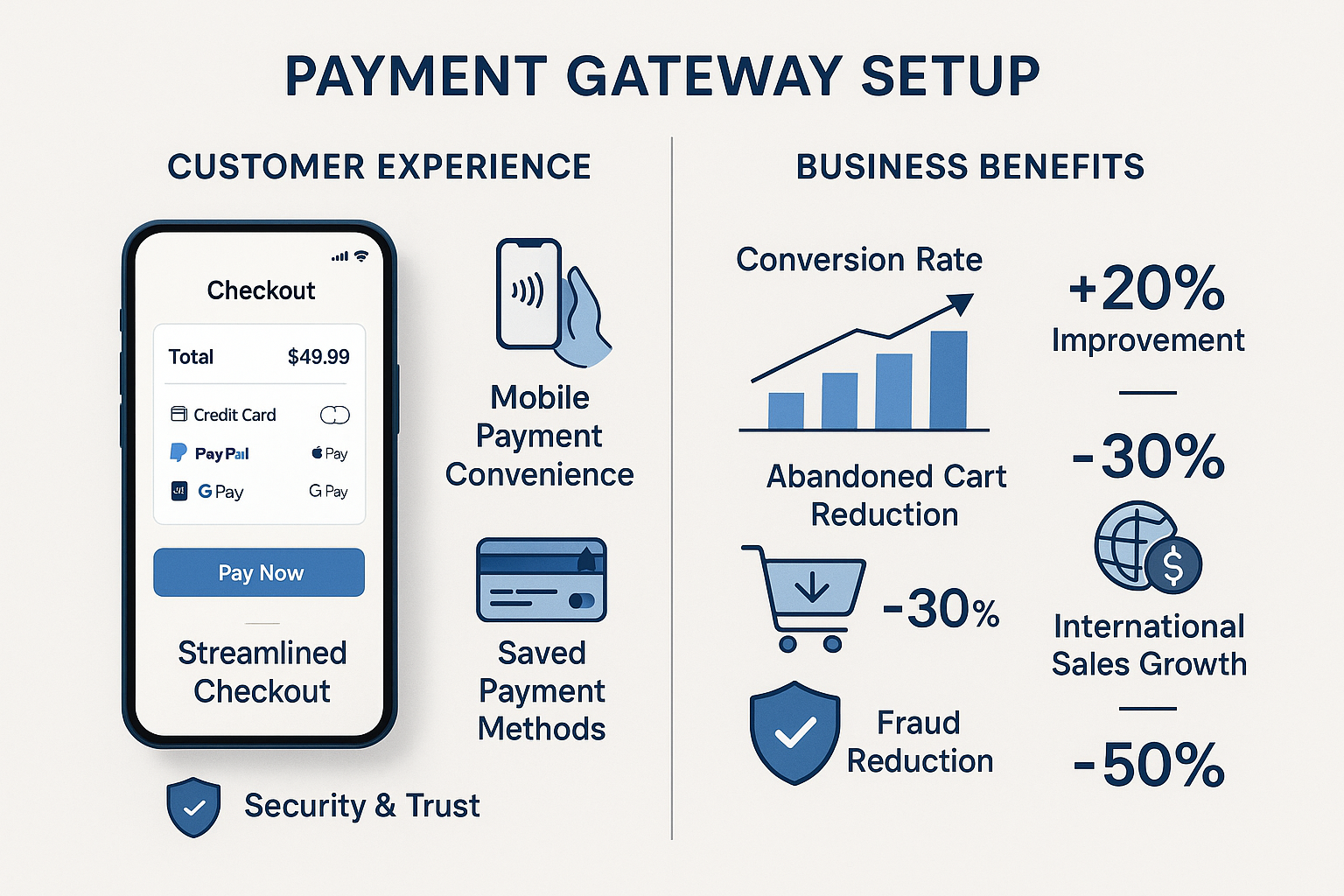 Split view showing streamlined checkout with multiple payment options alongside business benefits charts for conversion improvement, cart abandonment decrease and fraud reduction