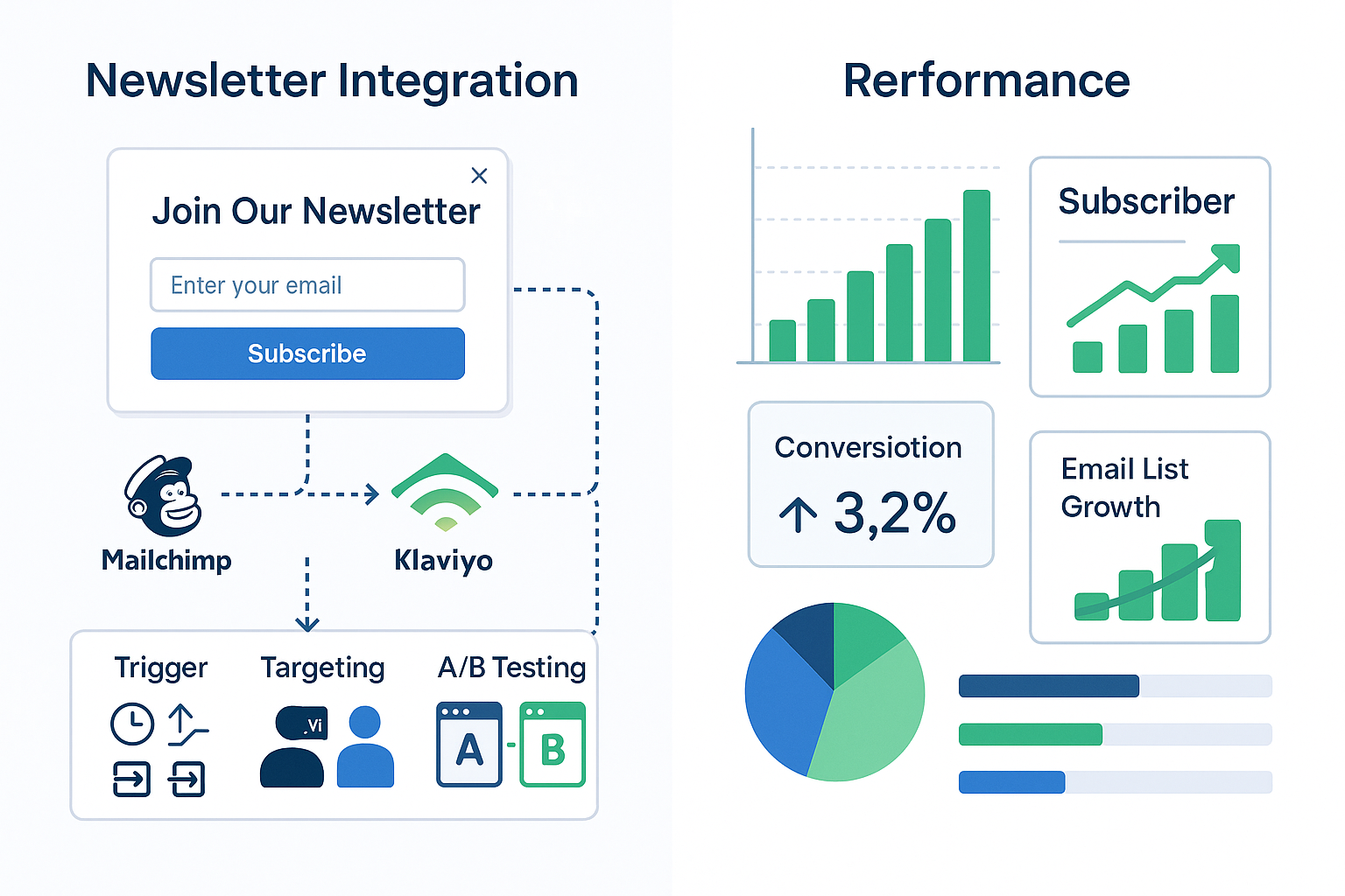 Split visualization showing popup integration with email platforms like Klaviyo and Mailchimp alongside performance metrics and subscriber growth charts