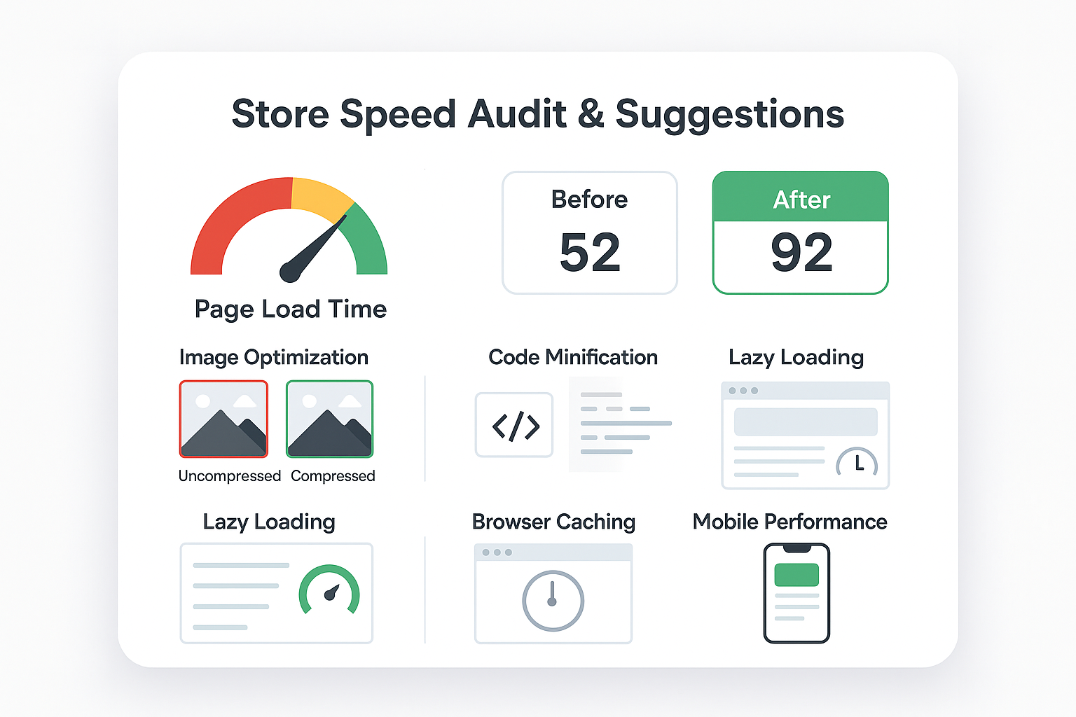 Store speed audit visualization showing performance gauges, before/after comparisons, optimization techniques and improvement metrics on light background