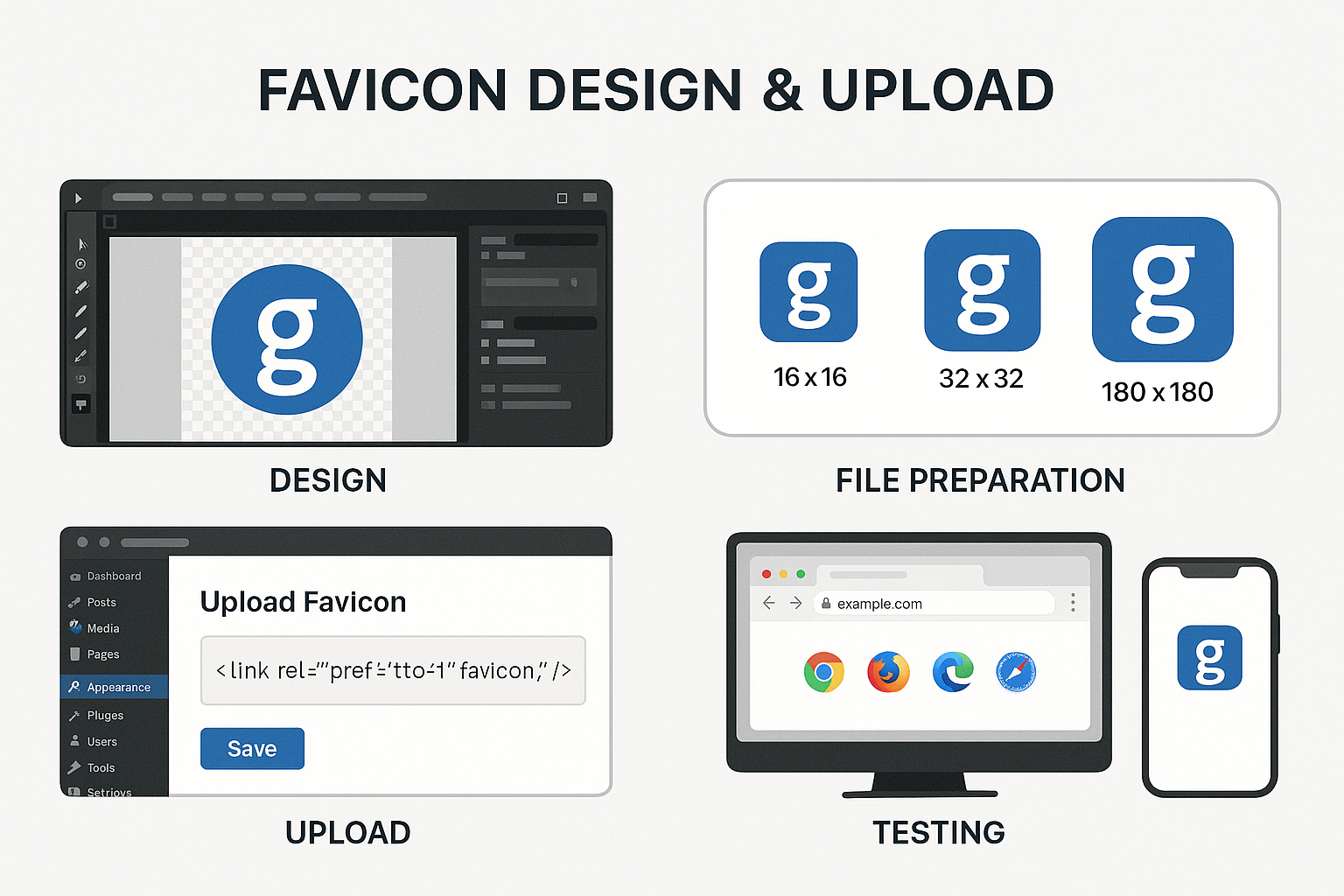 Streamlined sequence showing favicon workflow from design creation through file preparation in multiple sizes to implementation and testing