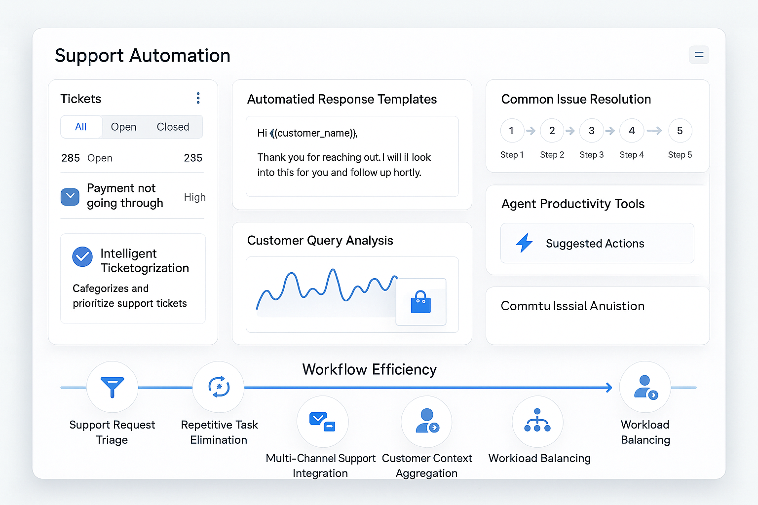 Support automation dashboard showing ticket categorization, response templates, query analysis, order inquiry automation and agent productivity tools
