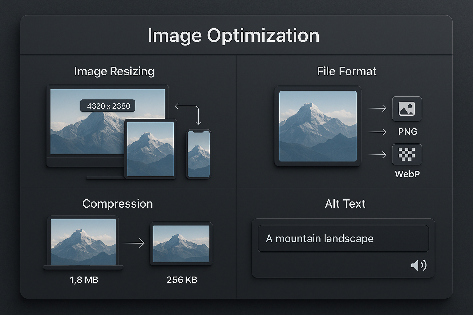 Technical interface showing image optimization components - resizing workflow for different devices, format conversion process, compression quality comparison and alt text implementation