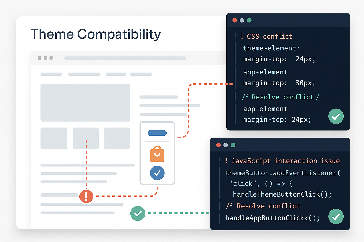 Theme compatibility dashboard showing CSS conflict resolution, JavaScript troubleshooting, responsive design fixes, custom integration code and theme-specific app styling