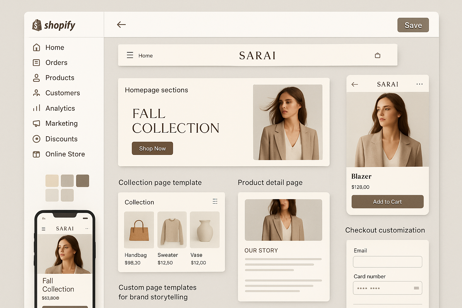 Theme development dashboard showing header design, homepage sections, collection templates, product pages and brand alignment with colors, typography and imagery