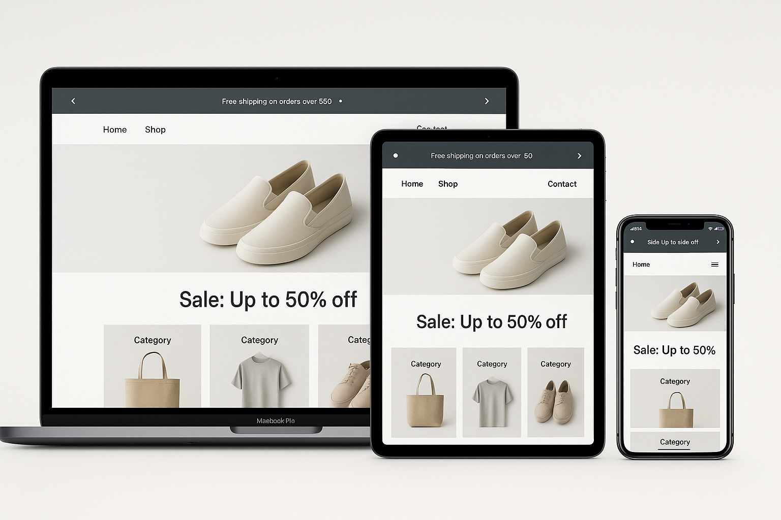Three devices showing same announcement bar optimized for each screen size - desktop with full announcement, tablet slightly condensed, and mobile space-efficient version