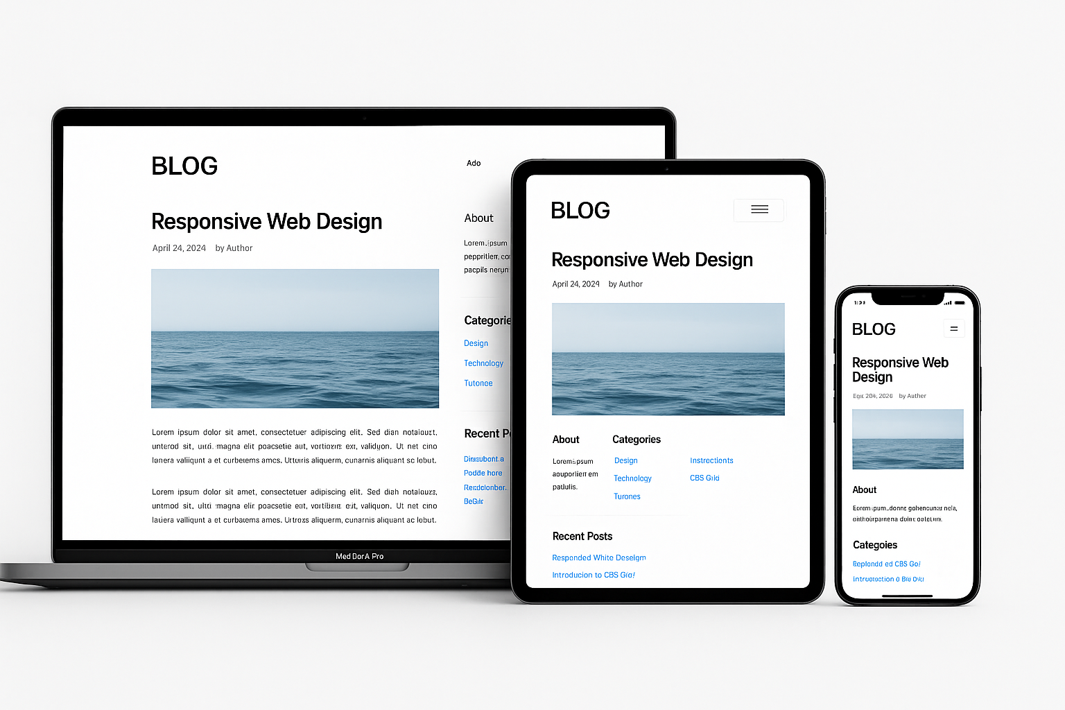 Three devices showing same blog optimized for each screen size - desktop with full features, tablet with adapted layout, mobile with streamlined version