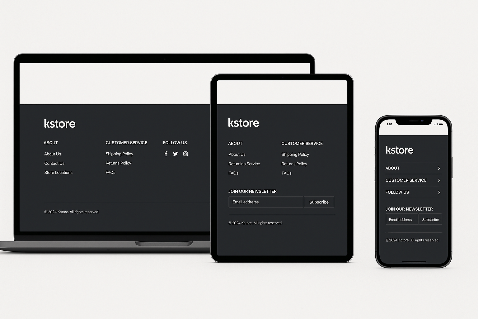 Three devices showing same footer optimized for each screen size - desktop with full features, tablet slightly reorganized, mobile with space-efficient version
