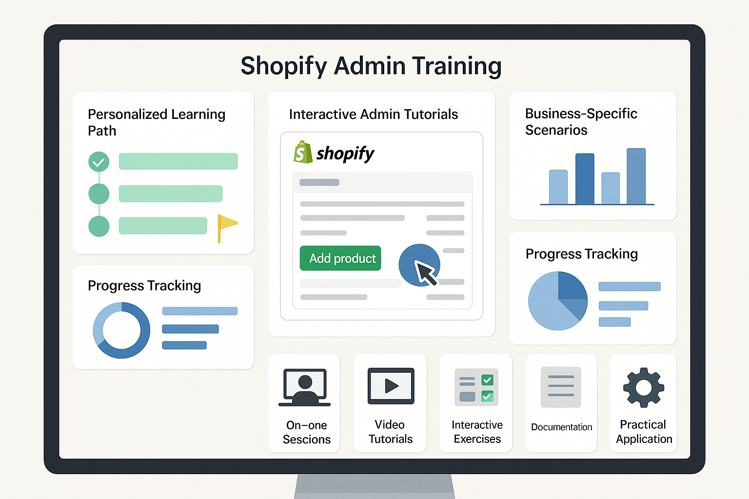 Training dashboard showing personalized learning path, interactive tutorials, business-specific scenarios, advanced feature mastery sections and progress tracking