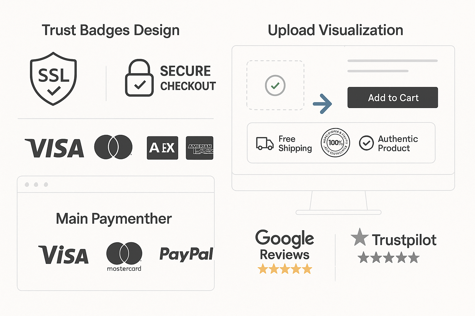 Trust badges visualization showing various security icons, payment logos, guarantees and certifications arranged in different website locations on light background