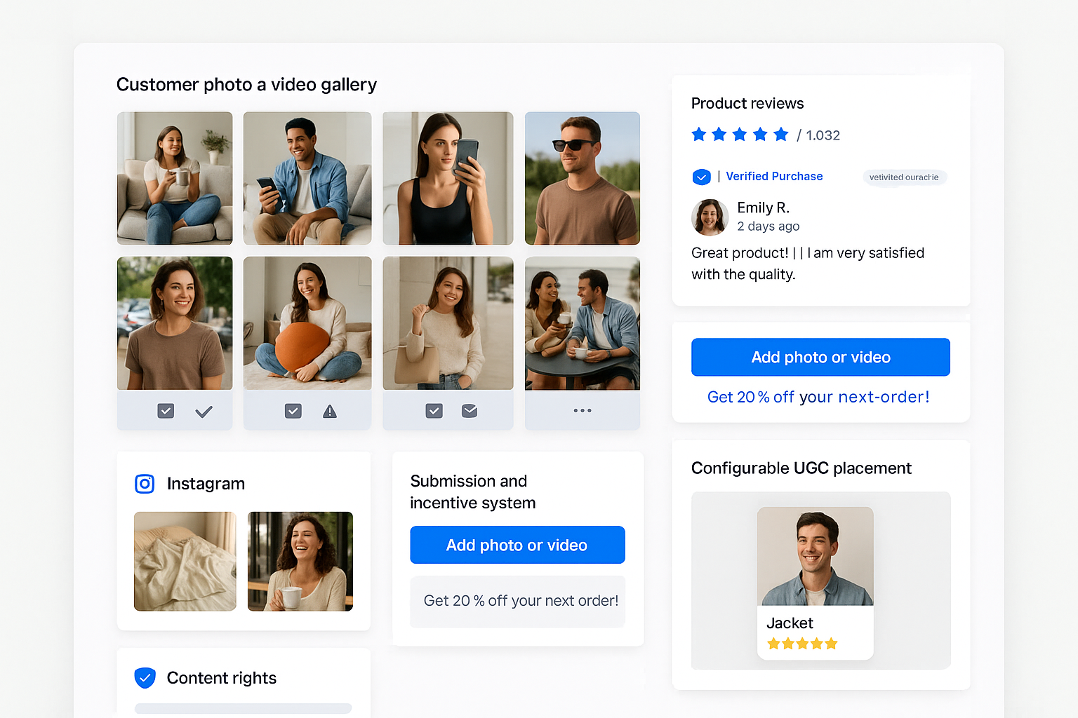 UGC management dashboard showing photo/video gallery, review collection system, social media curation, content rights management and verification badges for authenticity