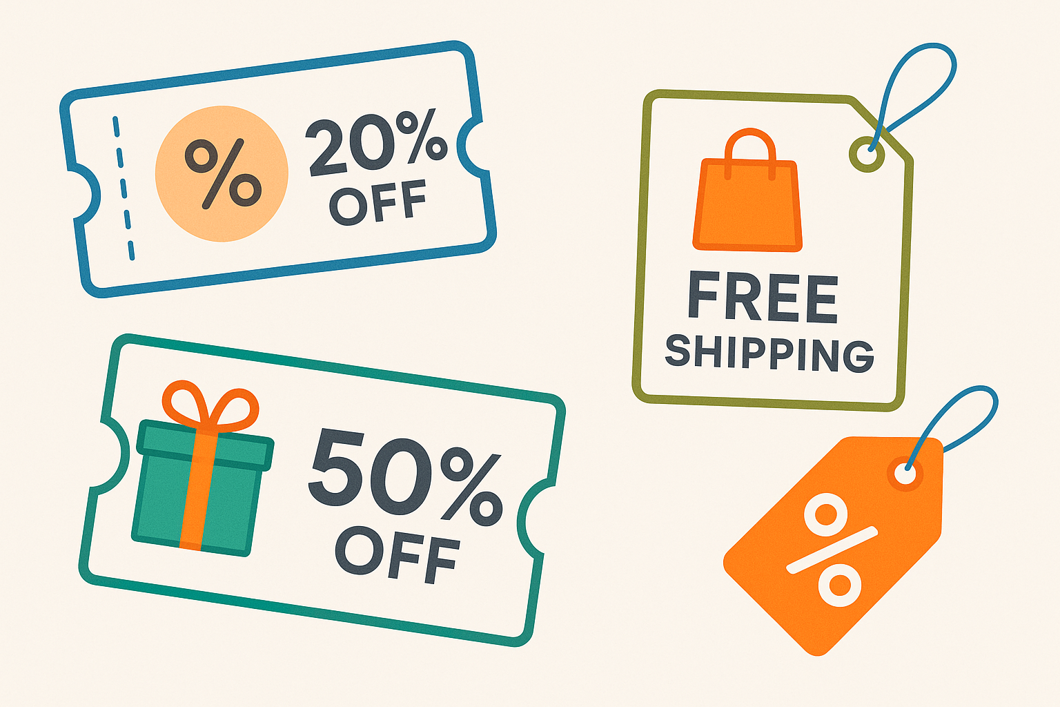 Visually appealing coupon code design showing stylized discount vouchers with minimal text and attractive graphics on a light background