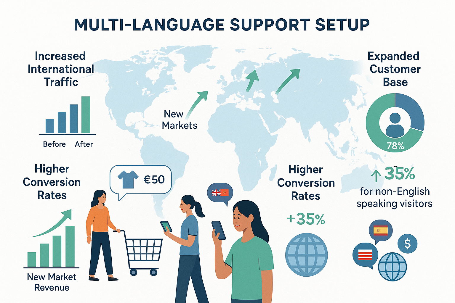 World map showing new markets accessed with growth charts for different regions and increased international traffic metrics